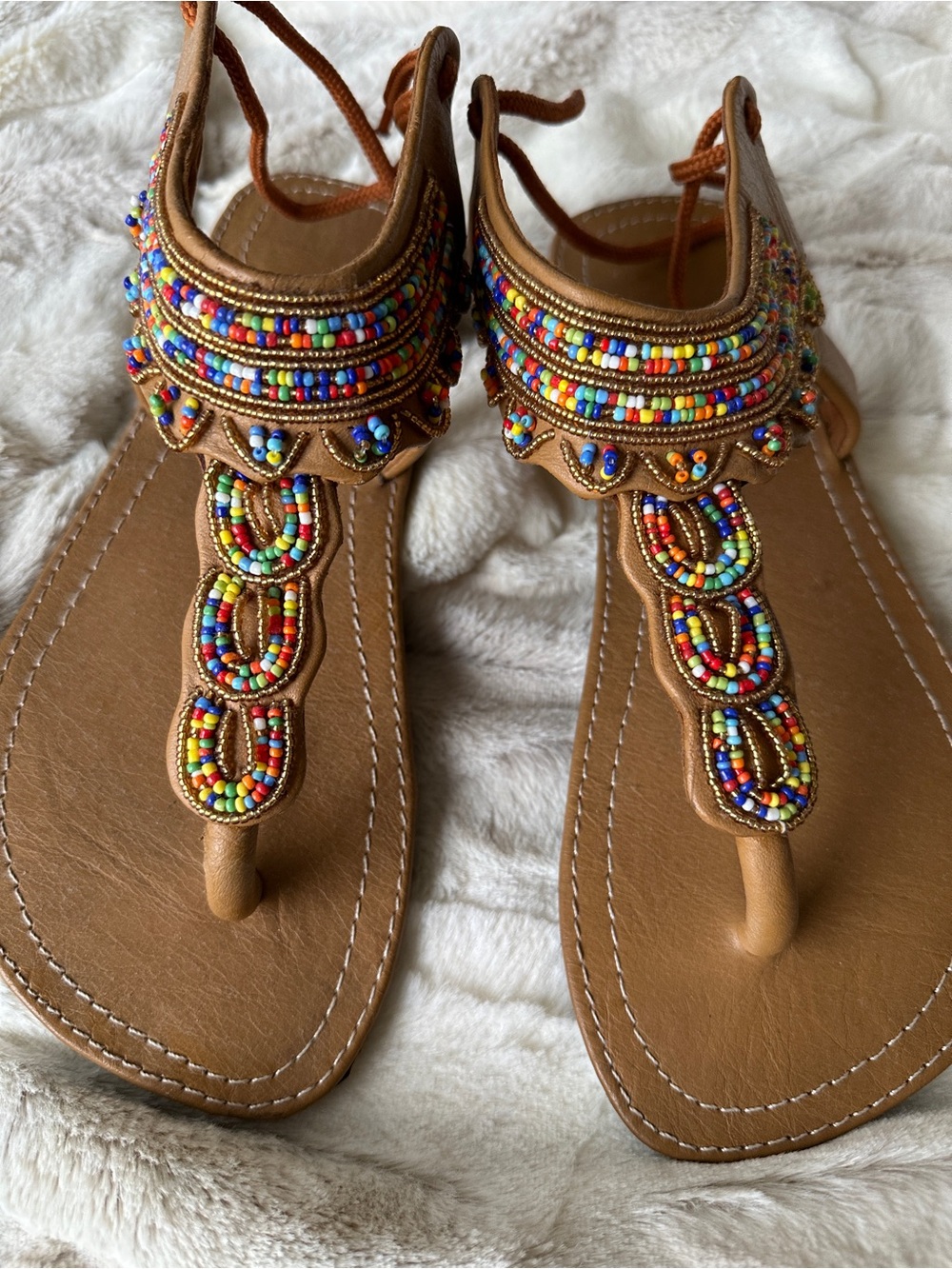 Beaded Brown T-Strap Sandals - Women - Picture 6 of 10